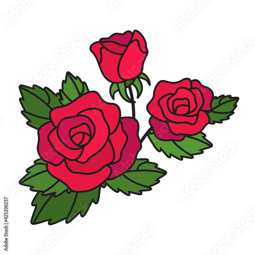 Red rose in cartoon style on white background for tattoo. Isolated vector illustration.