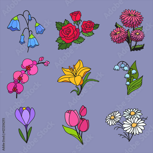 Vintage Cute illustration. Drawing style. Cartoon flower set for print design.