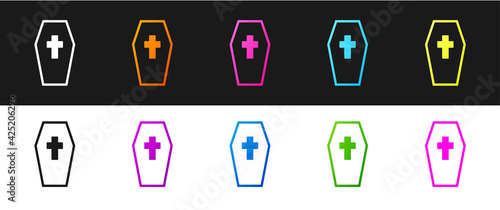 Set Coffin with christian cross icon isolated on black and white background. Happy Halloween party. Vector
