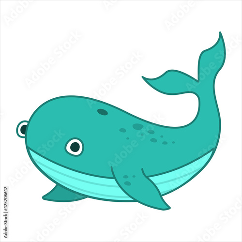 Funny whale character in cartoon style. Flat kid graphic. Isolated vector illustration.