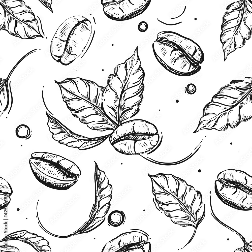 Hand drawn seamless pattern black and white of coffee beans, plant ...