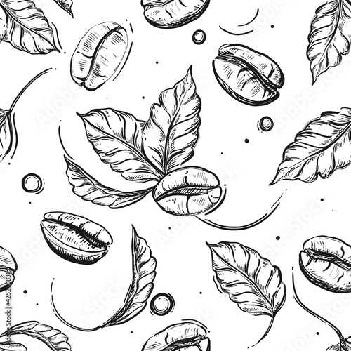 Hand drawn seamless pattern black and white of coffee beans, plant, leaf. Vector illustration. Elements in graphic style label, sticker, menu, package.