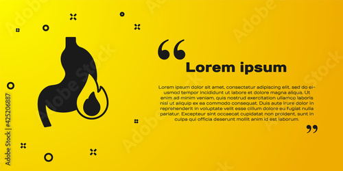 Black Stomach heartburn icon isolated on yellow background. Stomach burn. Gastritis and acid reflux, indigestion and stomach pain problems. Vector