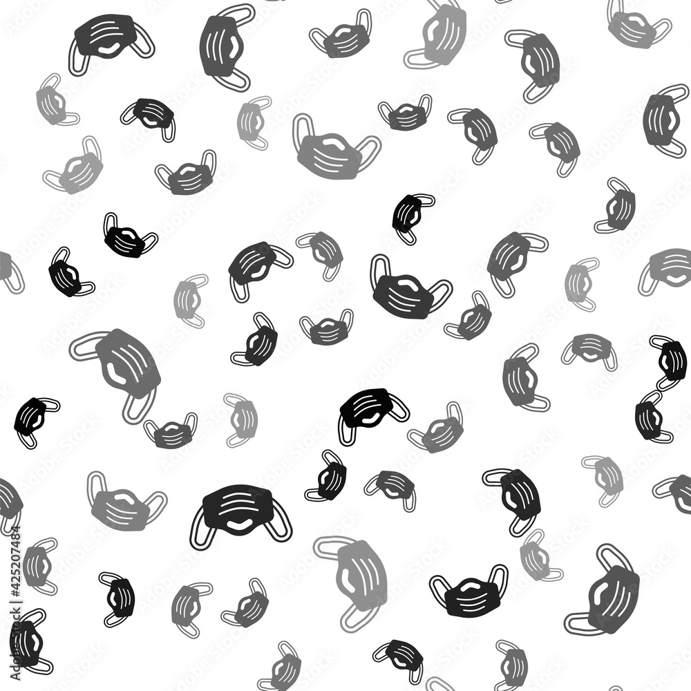 Fototapeta premium Black Medical protective mask icon isolated seamless pattern on white background. Vector