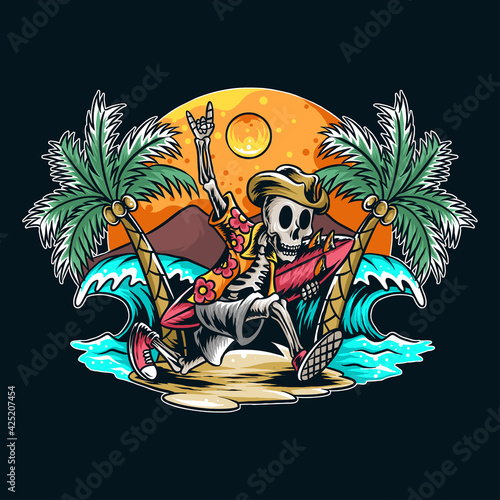 a skull running with a surfboard to the beach in the summer artwork vector