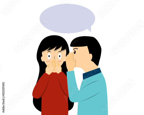 Man whispering gossip or secret to woman then her face is blushing. Man telling shocking news to his friend with blank message over their head.