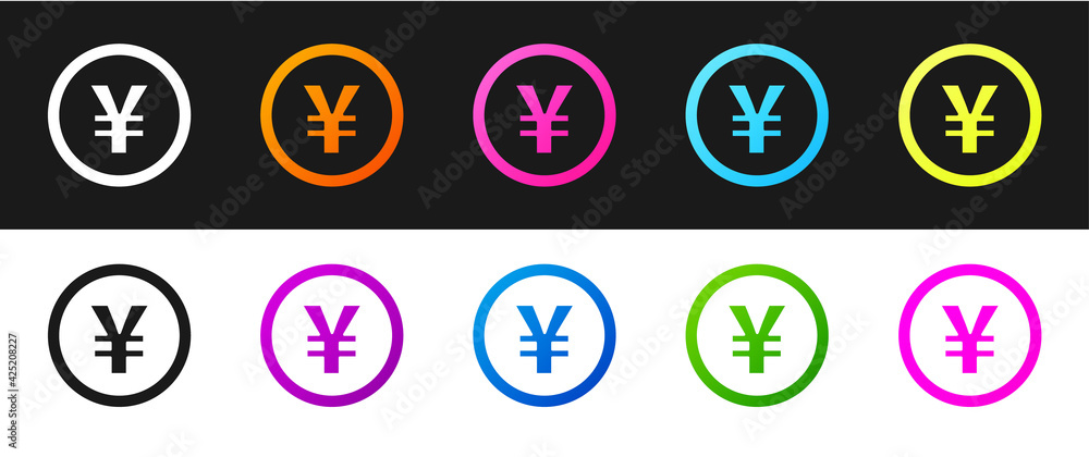 Set Chinese Yuan currency symbol icon isolated on black and white background. Coin money. Banking currency sign. Cash symbol. Vector Set Chinese Yuan currency symbol icon isolated on black and white background. Coin money. Banking currency sign. Cash symbol. Vector