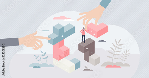 Strategic conundrum and business work tactics management tiny person concept. Find solution to problems and logic decision making for company challenges vector illustration. Project organization plan.