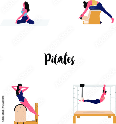A set of pilates - women doing pilates with equipment