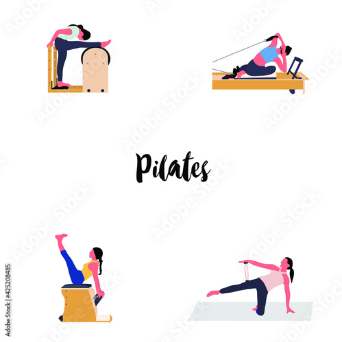 A set of pilates - women doing pilates with equipment