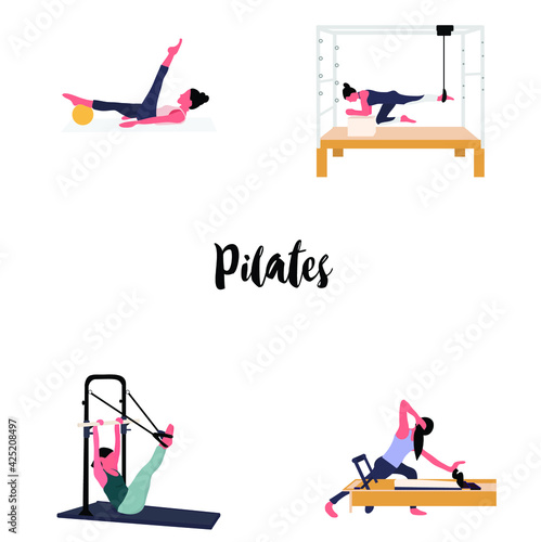 A set of pilates - women doing pilates with equipment