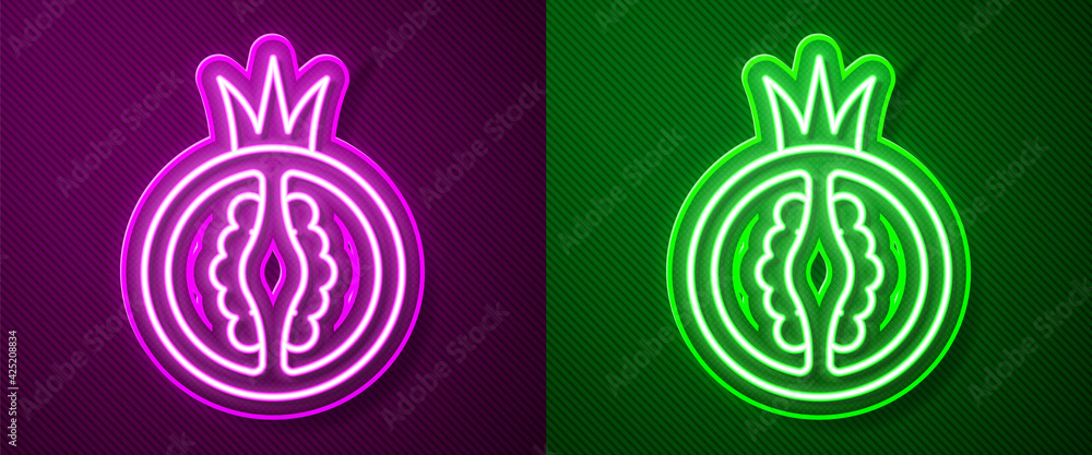 Glowing neon line Tomato icon isolated on purple and green background. Vector