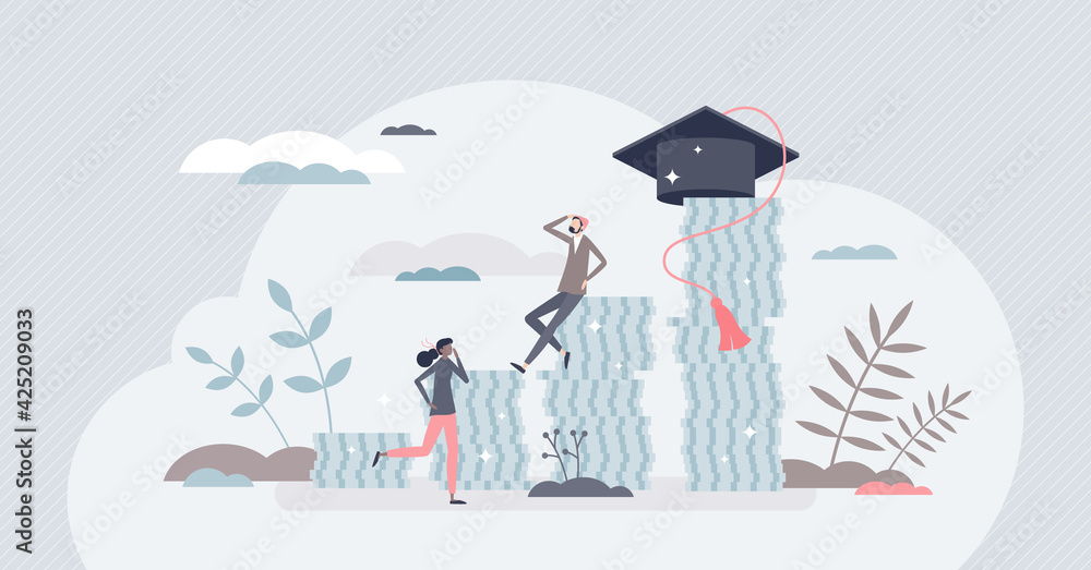 Student debt and expensive tuition problem for education tiny person concept. University and college graduation cost price as pile of money vector illustration. Financial struggle for study payment. Student debt and expensive tuition problem for education tiny person concept. University and college graduation cost price as pile of money vector illustration. Financial struggle for study payment.