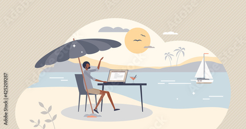 Workcation, work and vacation at remote leisure location tiny person concept. Distant workplace and project management from beach as relax and professional business combination vector illustration.