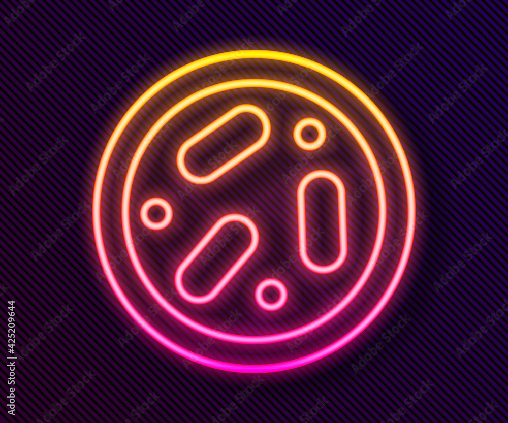 Glowing neon line Petri dish with bacteria icon isolated on black background. Vector Glowing neon line Petri dish with bacteria icon isolated on black background. Vector
