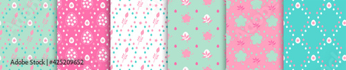 Easter seamless floral pattern set. Pink turquoise colorful Easter egg vector illustration for textile, card, wrapping paper. cloth photo