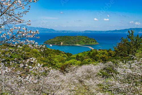 「知林ヶ島」の“砂州”は「いぶすき砂の道ちりりんロード」と呼ばれ、島と陸地を結び、消えても再び現れることから「縁結びの島」ともいわれている photo