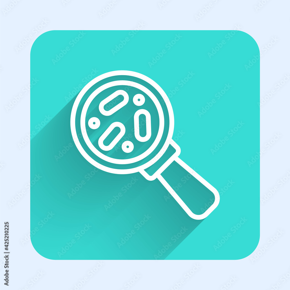 White line Microorganisms under magnifier icon isolated with long shadow. Bacteria and germs, cell cancer, microbe, virus, fungi. Green square button. Vector White line Microorganisms under magnifier icon isolated with long shadow. Bacteria and germs, cell cancer, microbe, virus, fungi. Green square button. Vector