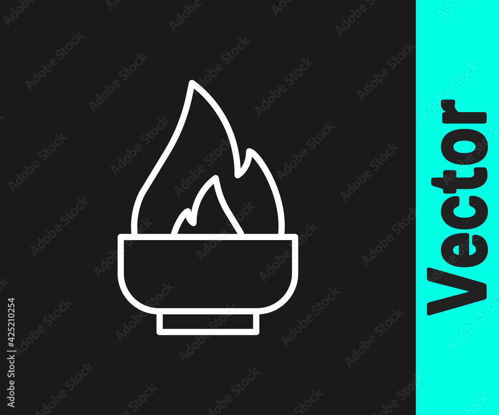 White line Alcohol or spirit burner icon isolated on black background. Chemical equipment. Vector White line Alcohol or spirit burner icon isolated on black background. Chemical equipment. Vector