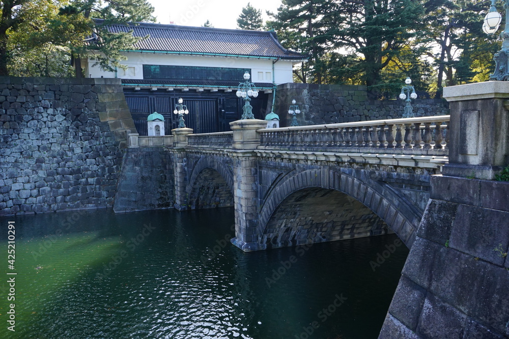 Tokyo, Japan - March 2021: Front gate stone bridge at Imperial palace - 正門石橋 皇居 東京