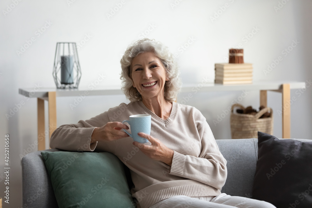 Portrait of happy senior 60s woman holding cup, sitting on couch, looking at camera. smiling. Female pensioner relaxing on sofa at home, drinking hot tea or coffee, speaking during video call Portrait of happy senior 60s woman holding cup, sitting on couch, looking at camera. smiling. Female pensioner relaxing on sofa at home, drinking hot tea or coffee, speaking during video call