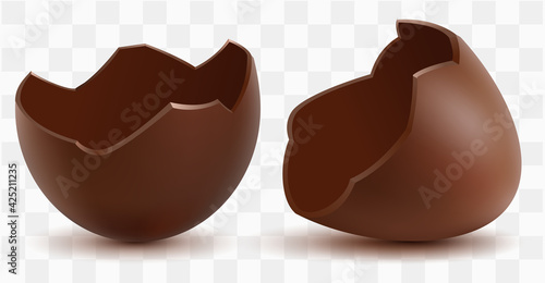 Chocolate egg brown sweet shell two halves isolated on transparent background. Happy Easter
