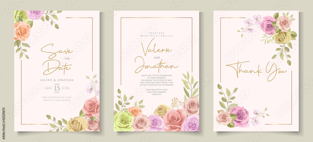 Modern wedding invitation template with soft colorful floral design
