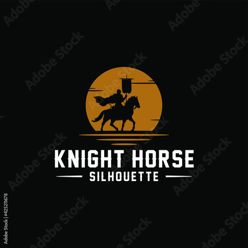 Horseback Knight Silhouette, Horse Warrior logo design with sunset/sunrise