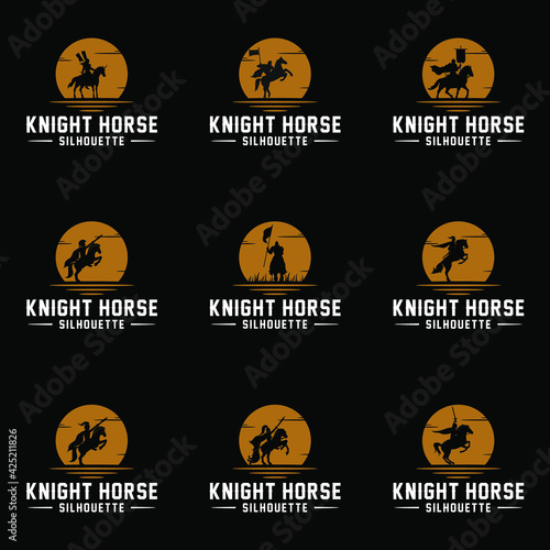 Horseback Knight Silhouette, Horse Warrior logo design with sunset/sunrise