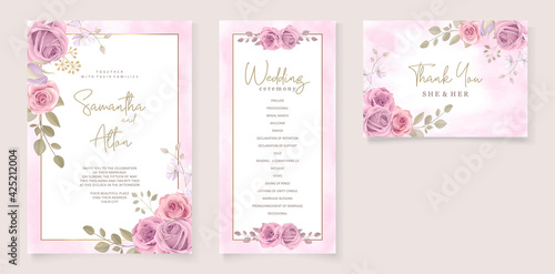 Modern wedding invitation template with pink floral design