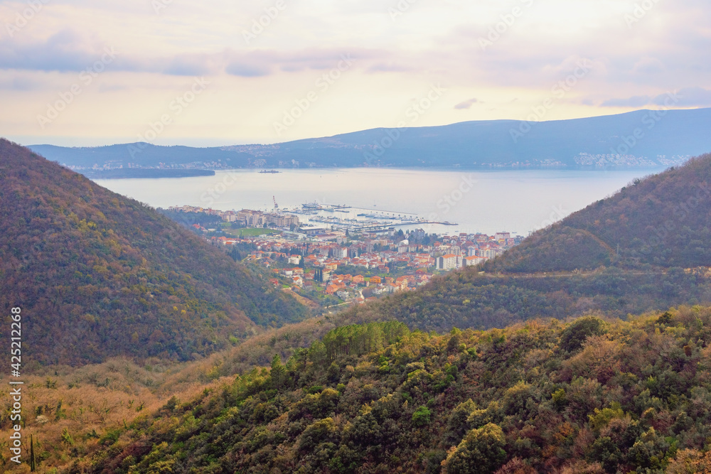 Beautiful mountain landscape. Calm Mediterranean evening. Montenegro, view of Kotor Bay and Tivat city from mountainside