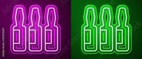 Glowing neon line Medical vial, ampoule, bottle icon isolated on purple and green background. Vaccination, injection, vaccine healthcare concept. Vector