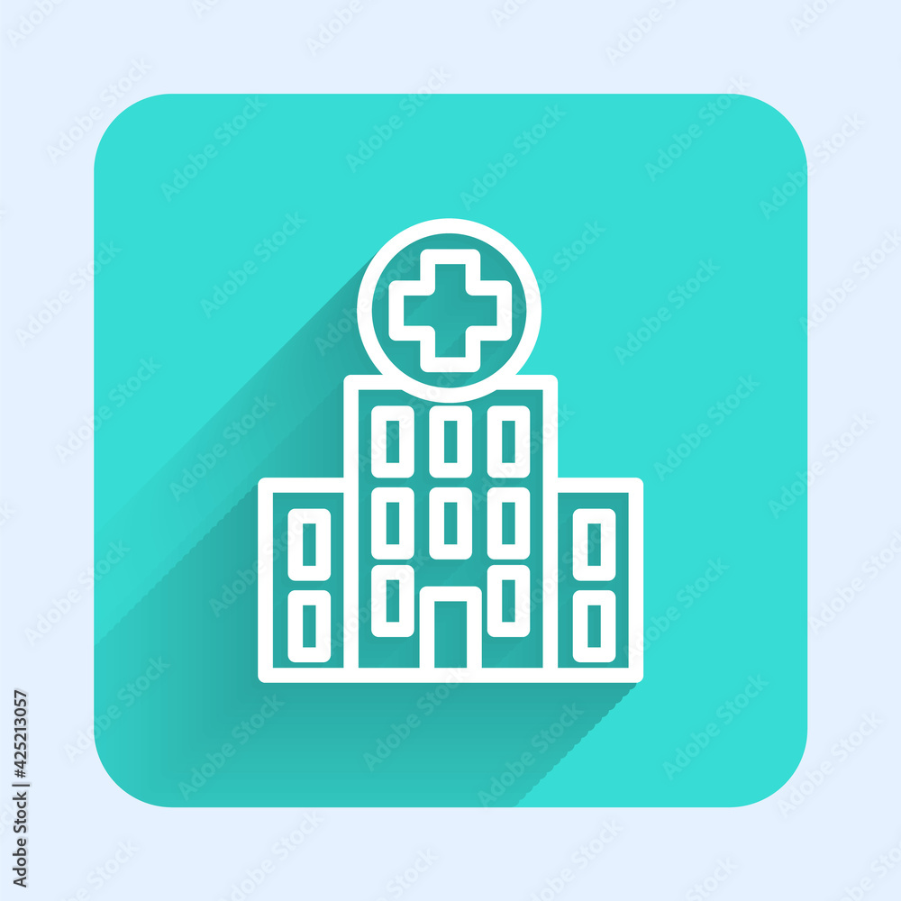 White line Medical hospital building with cross icon isolated with long shadow. Medical center. Health care. Green square button. Vector White line Medical hospital building with cross icon isolated with long shadow. Medical center. Health care. Green square button. Vector