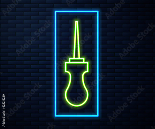 Glowing neon line Awl tool with wooden handle icon isolated on brick wall background. Work equipment tailor industry. Vector