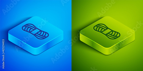 Isometric line Yarn icon isolated on blue and green background. Label for hand made, knitting or tailor shop. Square button. Vector