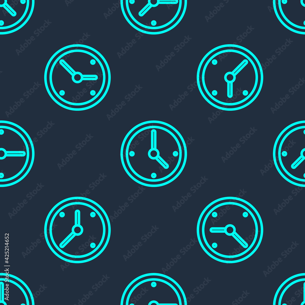 Green line Clock icon isolated seamless pattern on blue background. Time symbol. Vector Green line Clock icon isolated seamless pattern on blue background. Time symbol. Vector