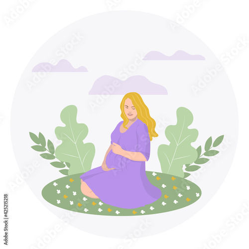 Attractive pregnant woman in nature.Vector illustration in cartoon style