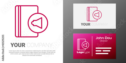 Logotype line Audio book icon isolated on white background. Book with headphones. Audio guide sign. Online learning concept. Logo design template element. Vector
