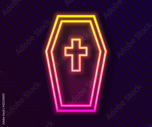 Glowing neon line Coffin with christian cross icon isolated on black background. Happy Halloween party. Vector