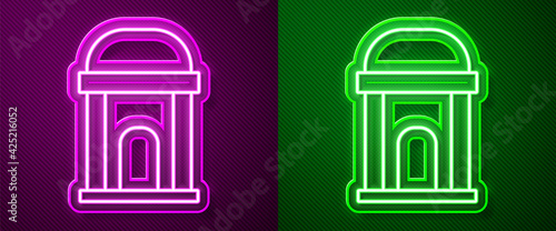 Glowing neon line Old crypt icon isolated on purple and green background. Cemetery symbol. Ossuary or crypt for burial of deceased. Vector