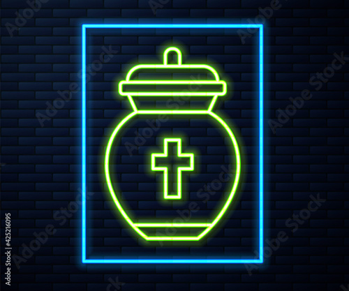 Glowing neon line Funeral urn icon isolated on brick wall background. Cremation and burial containers, columbarium vases, jars and pots with ashes. Vector