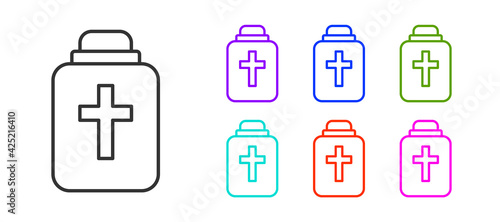 Black line Funeral urn icon isolated on white background. Cremation and burial containers, columbarium vases, jars and pots with ashes. Set icons colorful. Vector