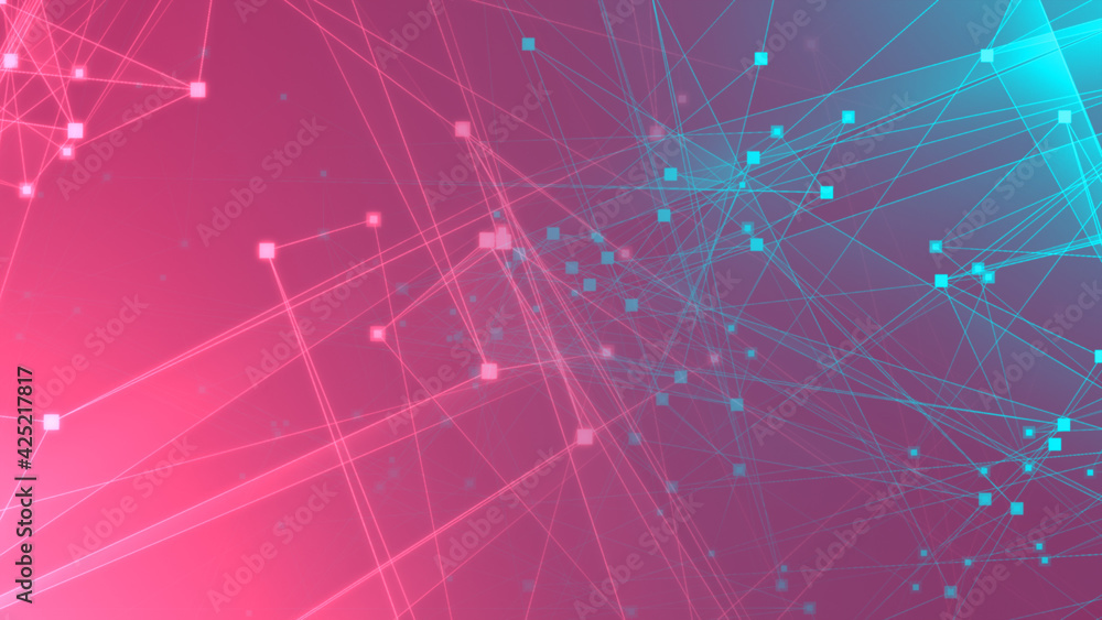 Abstract pink green polygon tech network with connect technology background. Abstract dots and lines texture background. 3d rendering.