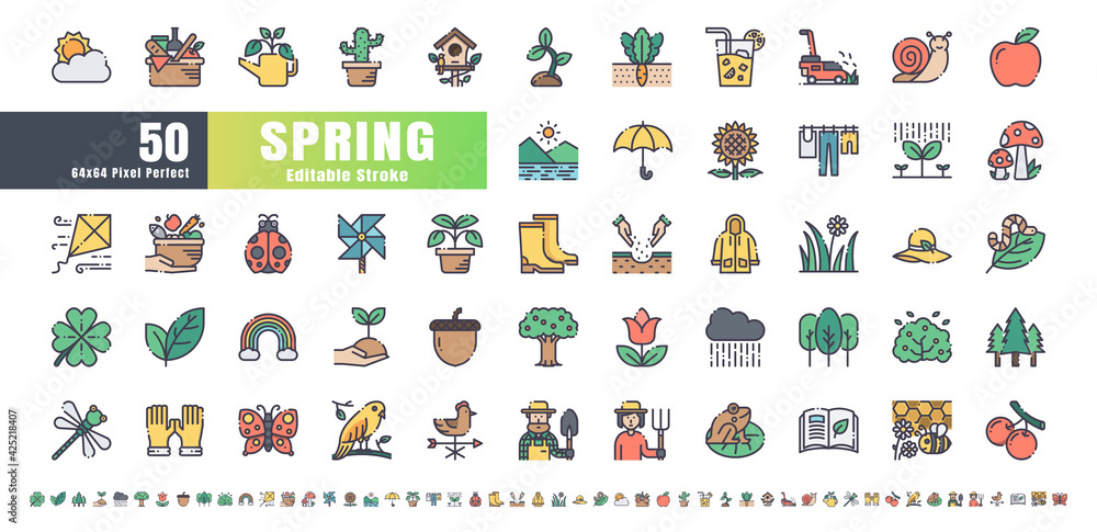 64x64 Pixel Perfect. Spring Season. Flat Color Filled Outline Icons Vector. for Website, Application, Printing, Document, Poster Design, etc. Editable Stroke