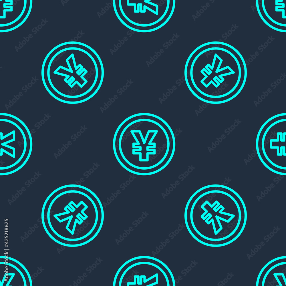 Green line Chinese Yuan currency symbol icon isolated seamless pattern on blue background. Coin money. Banking currency sign. Cash symbol. Vector