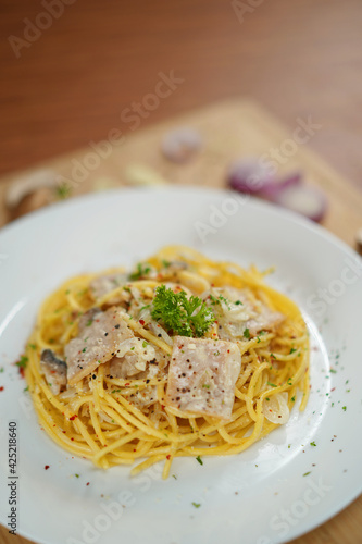 top view of spaghetti carbonara lunch dinner meal