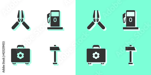 Set Hammer, Car battery jumper power cable, Toolbox and Petrol or Gas station icon. Vector