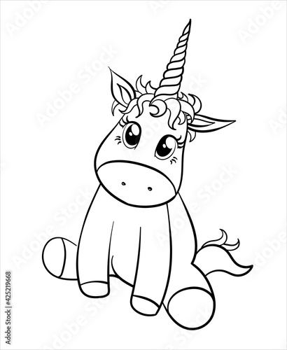 black and white picture of a cute little unicorn that sits, black outline of a cute unicorn