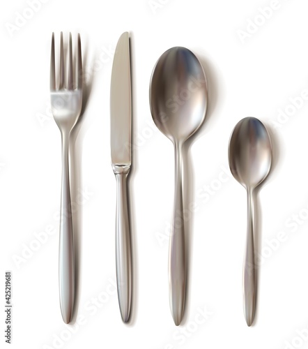 3d realistic cutlery set with shadows - table knife, spoon, fork and tea spoon.