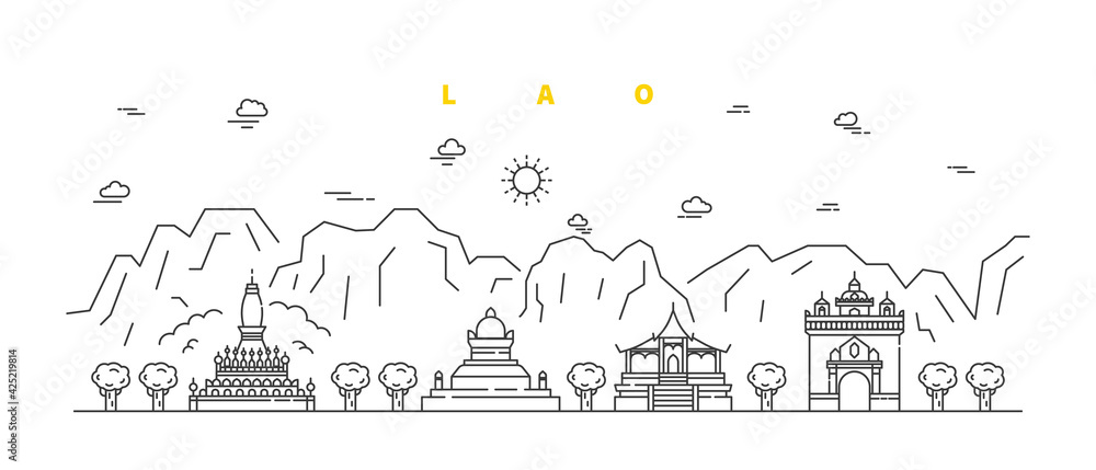 Lao city. Modern flat line landscape vector. City line art illustration with building and temple. Vector illustration.